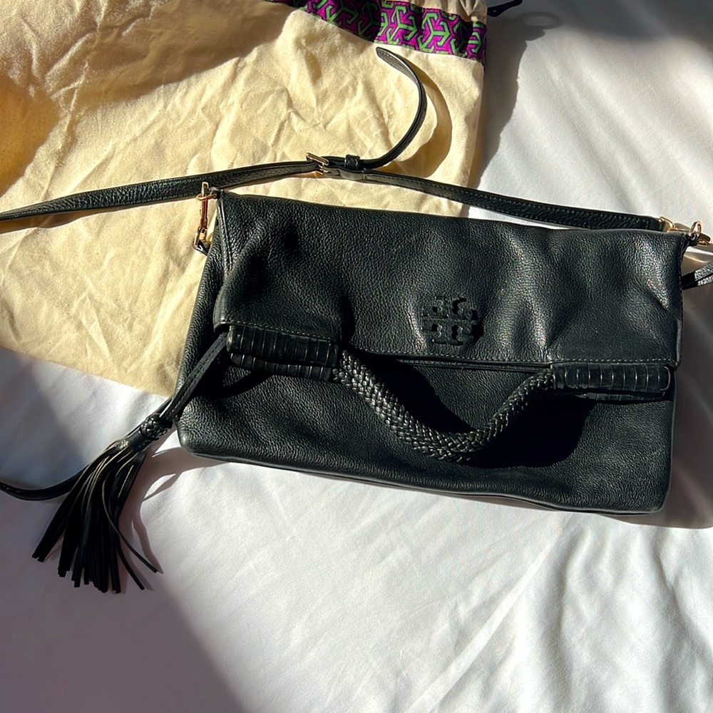 Tory Burch McGraw pebbled Leather Tassel fold over crossbody with Braided handle